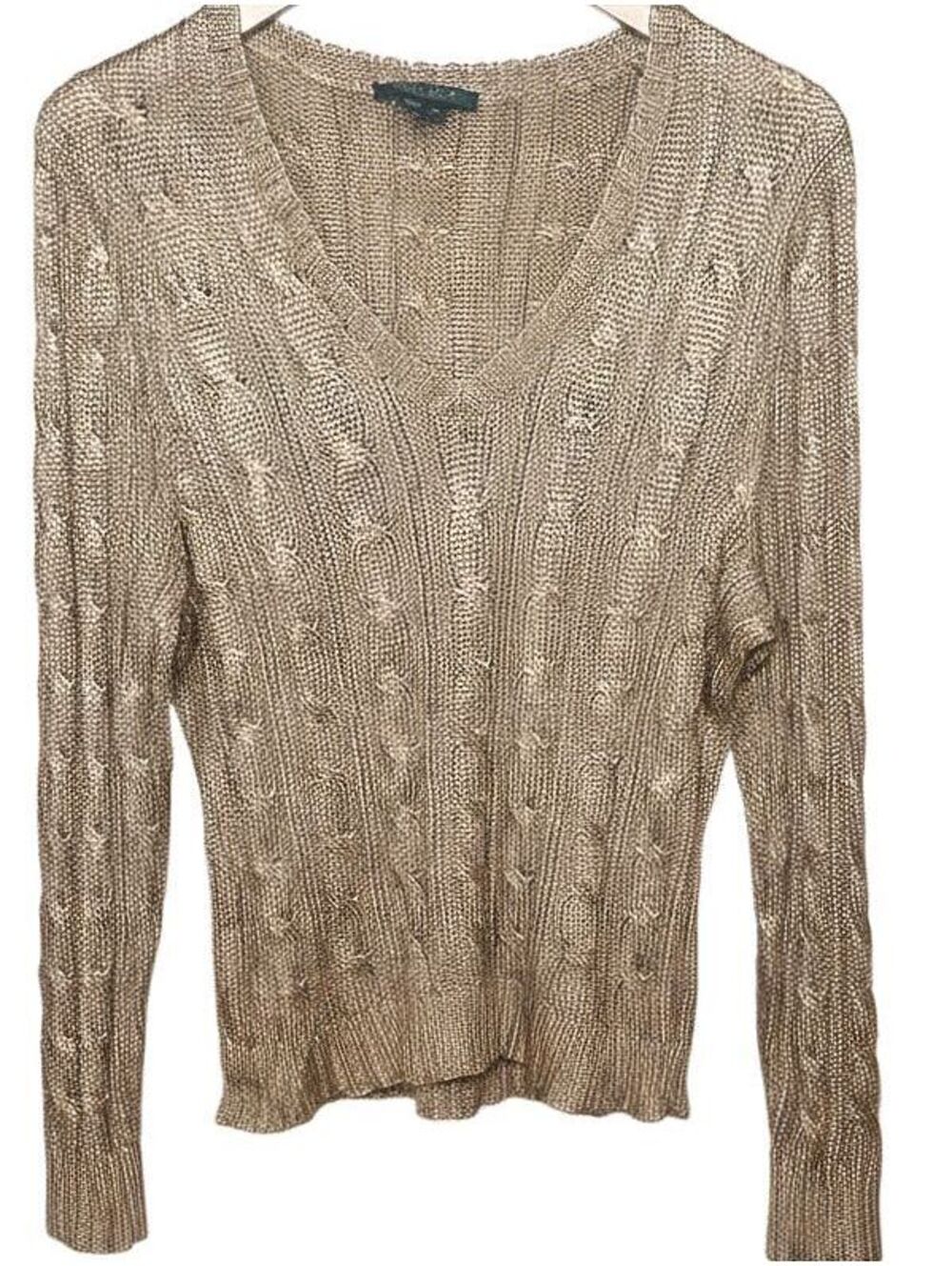 Lauren Ralph Lauren Metallic Gold Cable Knit V Neck Sweater XL 100% Rayon